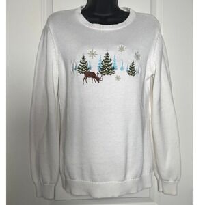 Cabela's Womens White Reindeer Tree Embroidered Cotton Knit‎ Sweater S
